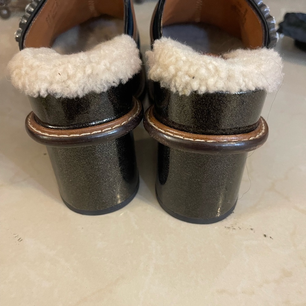 Coach Navy Velvet and Chestnut Leather Shearling Clog Mules with Crystal Buckle - Picture 10 of 11